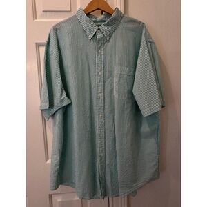 Lands End Mens 2XL Tall Seersucker Button Down Shirt Teal White Stripe Cotton